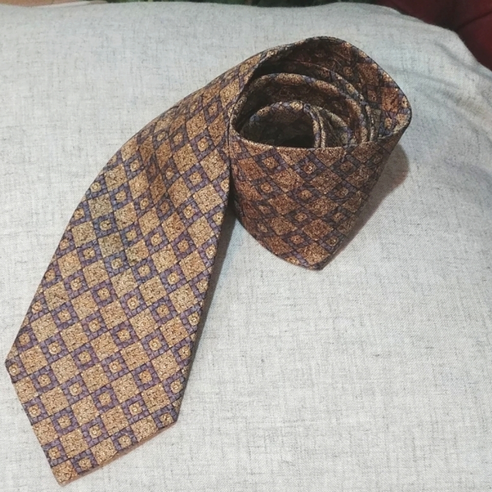 Vintage Handmade Spanish Silk Tie, with golden & blue diamond pattern by Richel